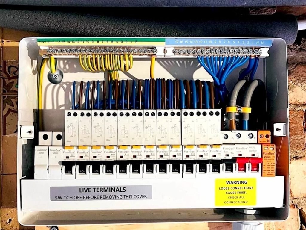Modern consumer unit with circuit breakers meeting 2026 electrical regulations in Dorset home